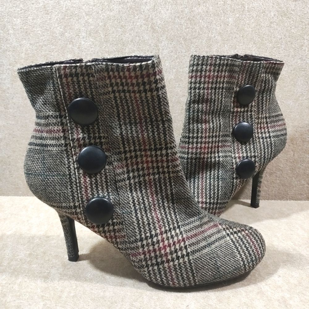 Diba Plaid Button Zip Up Heeled Boots